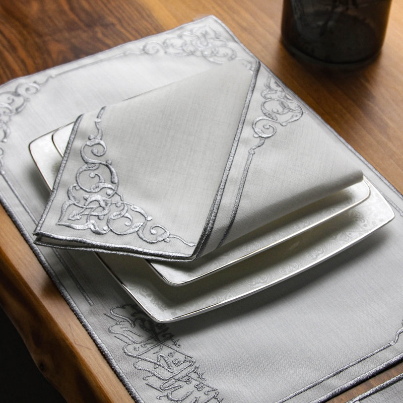 Embroidered White Linen Placemats with Gold Scrollwork – 24pc Elegant Table Mats Set for 6 Person | Islamic Decorative Dining Linens