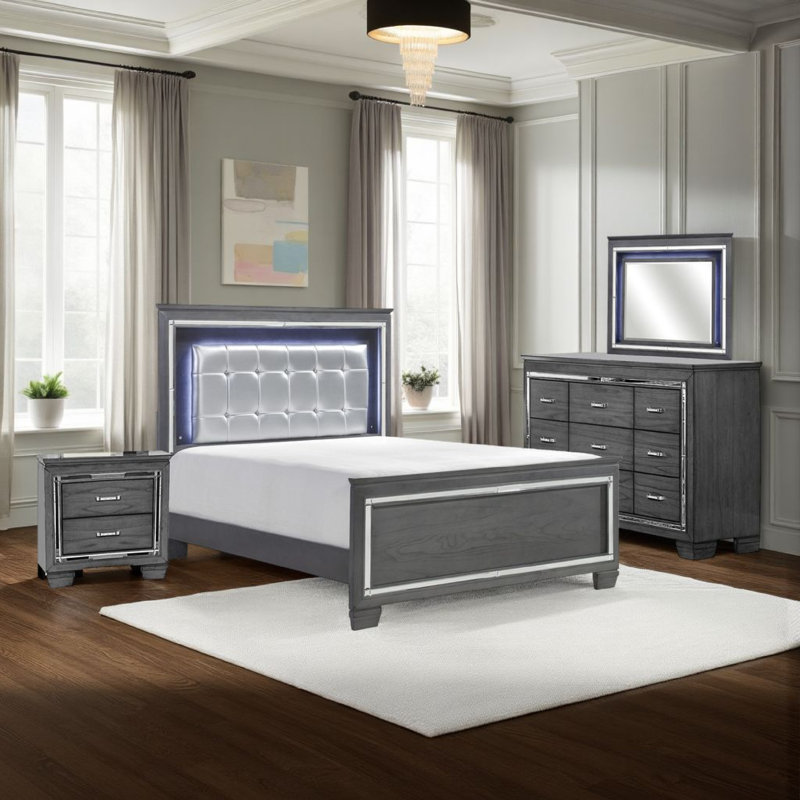 Alen 4 Pc Queen Size Bedroom Set, Button Tufting, Mirror Trim, Gray