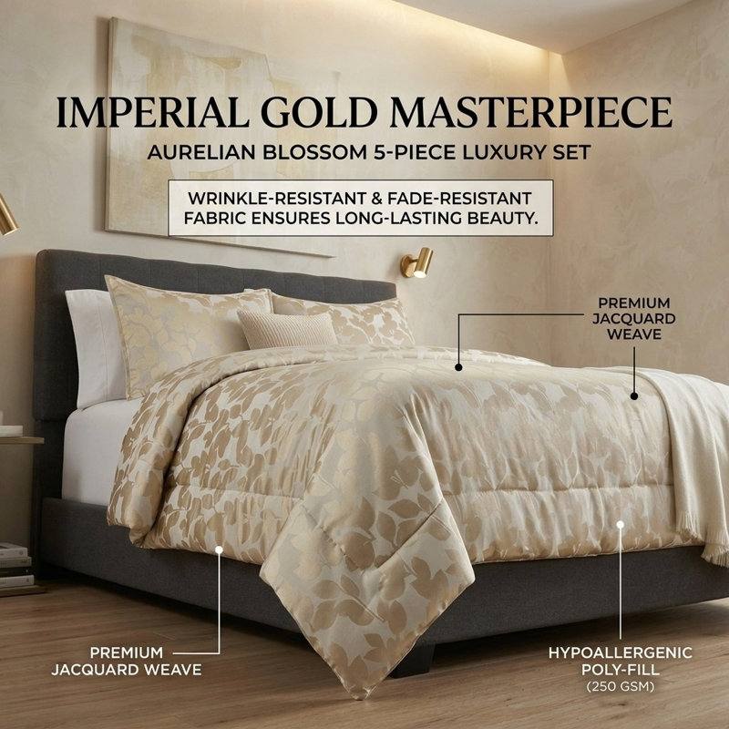 Foliate 5 Piece Jacquard Comforter Set, King Comforter +5 Additional Pieces