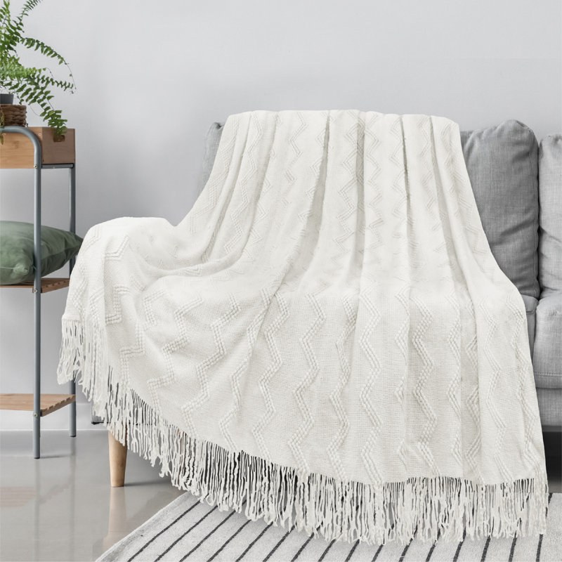 White Knit Textured Fleece Throw Blanket with Fringe Tassels