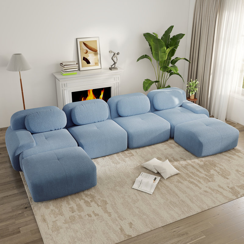 Canapé modulaire en forme de U de 152 po avec larges accoudoirs incurvés et chaises incurvées, sans assemblage, Bleu
