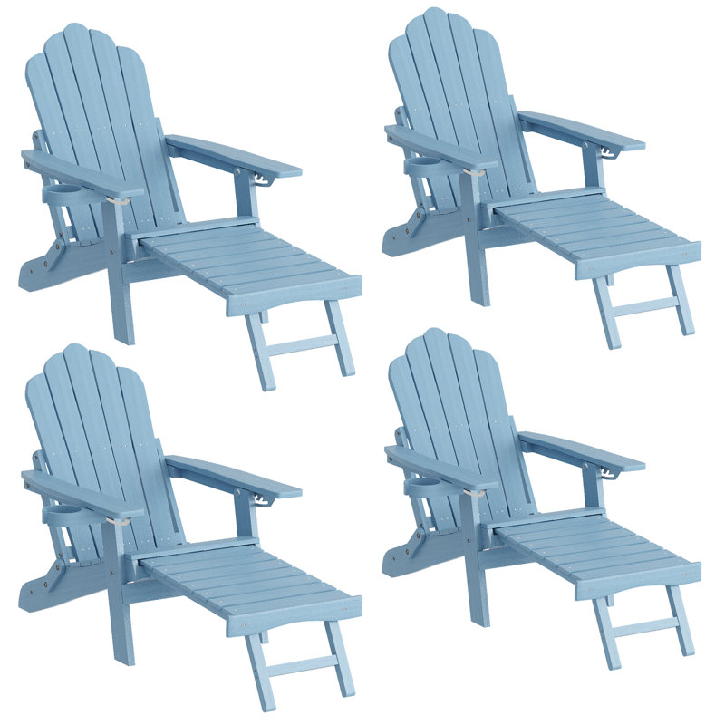 4pcs Folding Adirondack Chair with Retractable Ottoman and Cup Holder Adjustable Adirondack Chair with Footrest Set