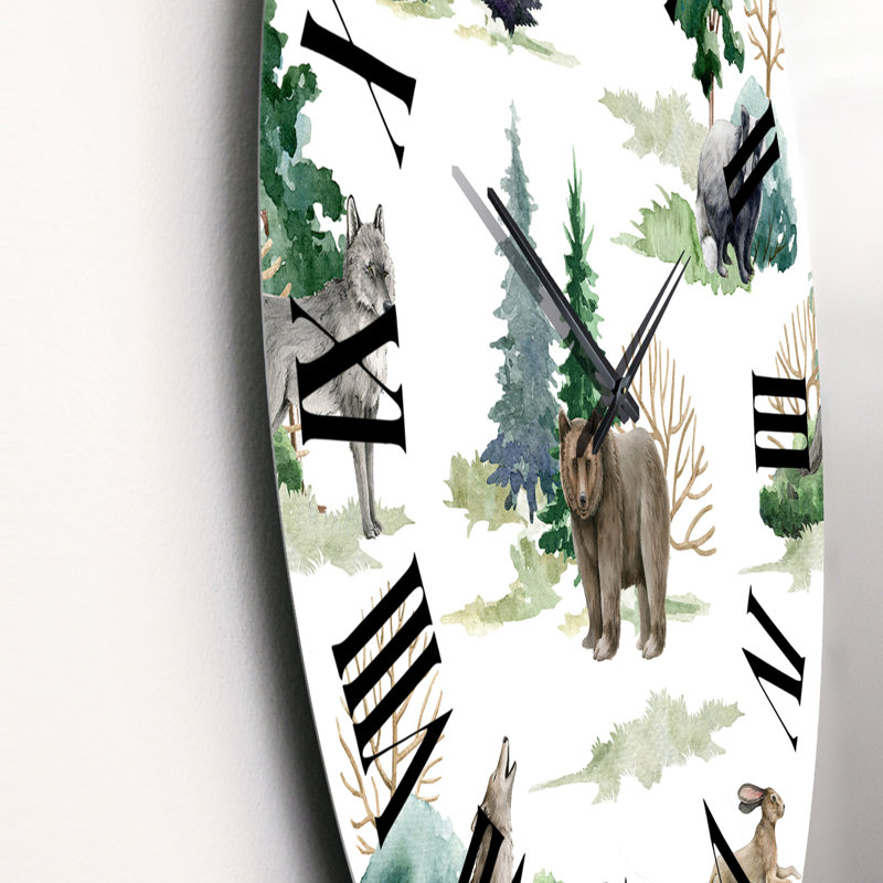 Forest Bear Wolf Rabbit Badger and Fir Trees - Patterned Wall Clock, Medium