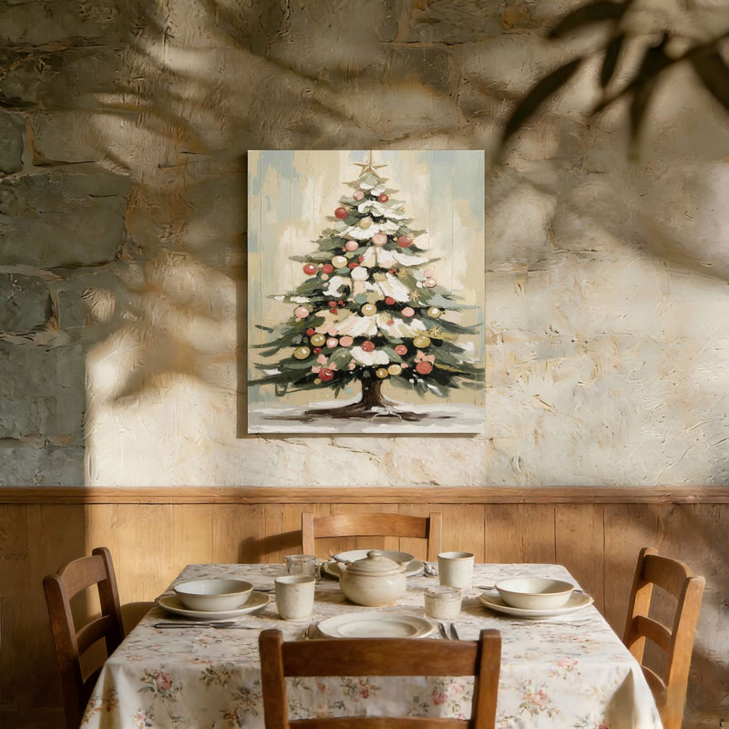 Arbre de Noël vert avec toile de boules de Noël, décoration murale encadrée en bois à l'arrière 36 po x 24 po