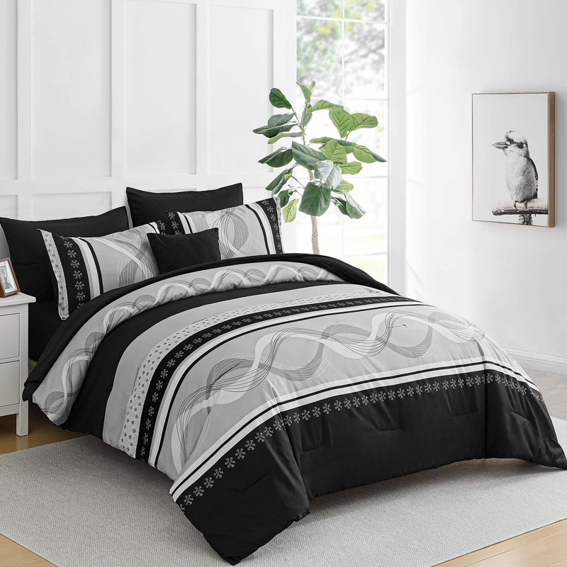 Ensemble d'édredon à rayures 8 pièces Boho, Édredon grand + 7 articles supplémentaires, Noir