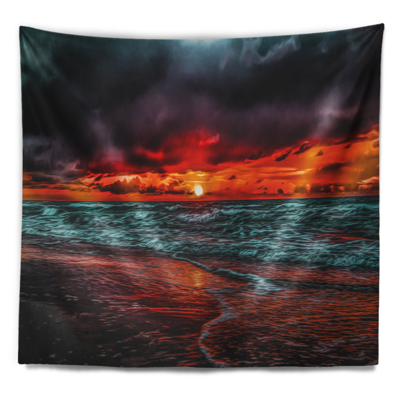 Tapisserie rouge coucher de soleil sur les eaux bleues, H 50 po x l 60 po