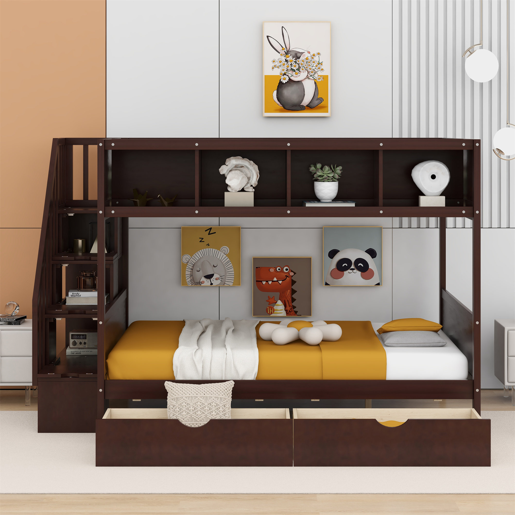 Harriet Bee Twin Over Full Bunk Bed With Shelfs, Storage Staircase And ...