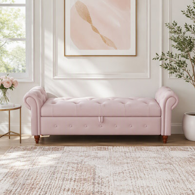 Tufted Velvet Storage Bench with Rolled Arms, Plug-in Assembly