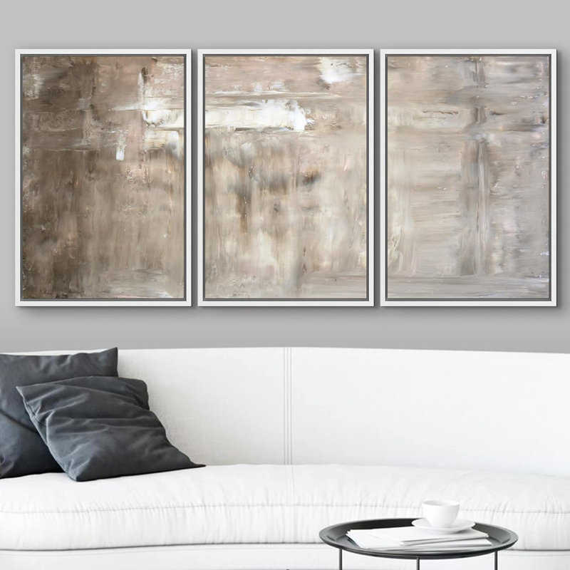 Gris et blanc, coup de pinceau, champ de couleur, formes abstraites, art moderne chic, ultra 3 pièces, Cadre flottant blanc