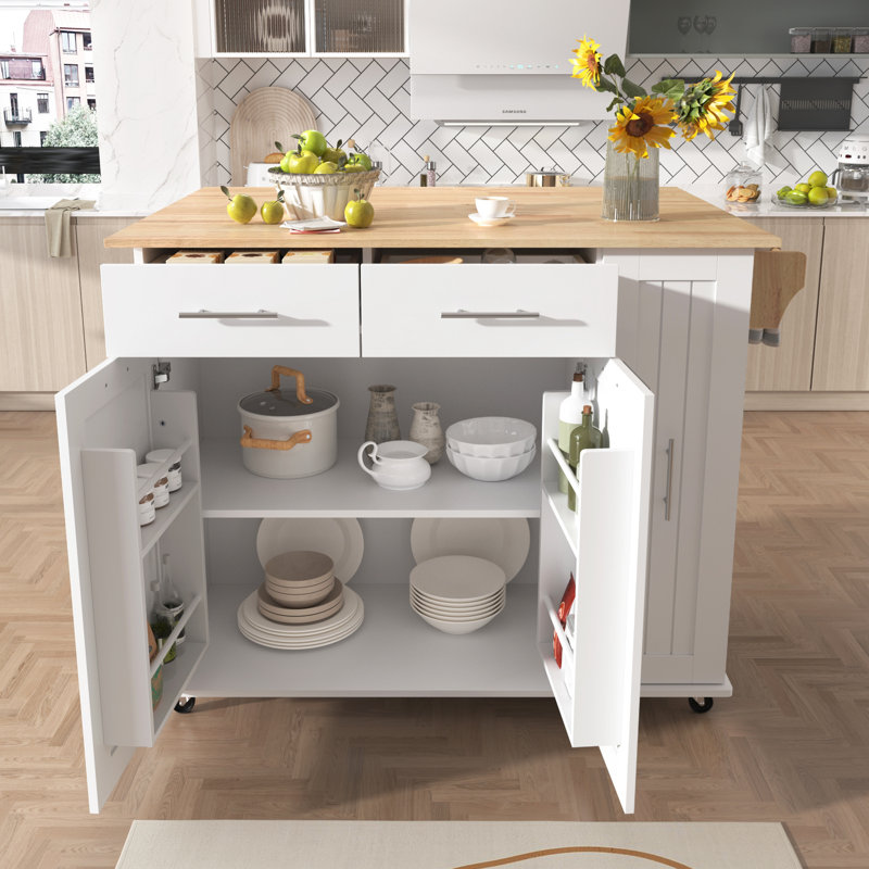 Îlot de cuisine avec abattant, chariot de rangement de cuisine avec organisateur à 3 niveaux, support de rangement interne, chariot de cuisine sur roulettes avec porte-serviettes, 2 tiroirs, pour la cuisine