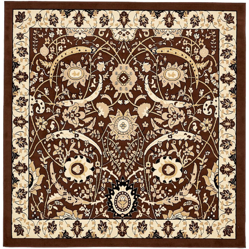 Espahan Brown and Beige Floral Square Synthetic Rug