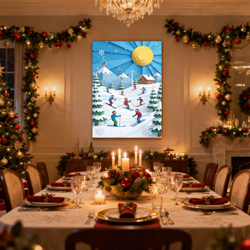 Scène de ski de Noël avec montagnes et arbres, ensemble de 3 impressions d'art sur toile, H 24 po x l 16 po