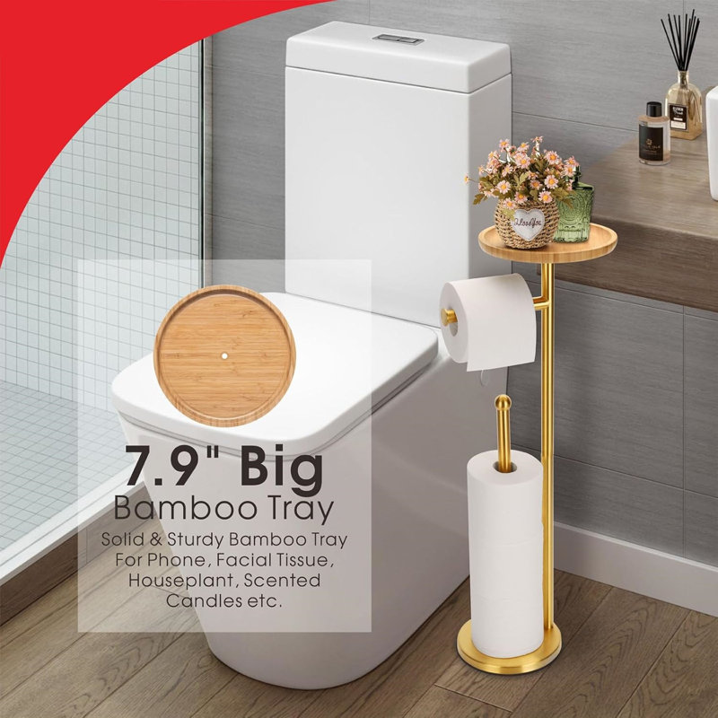 Toilet Paper Holder Stand With Bamboo Shelf, For 5 Toilet Paper Rolls