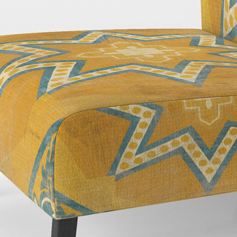 Moroccan Orange Tiles Collage I - Velvet Bohemian Chic Upholstered Slipper Chair, Yellow/Blue