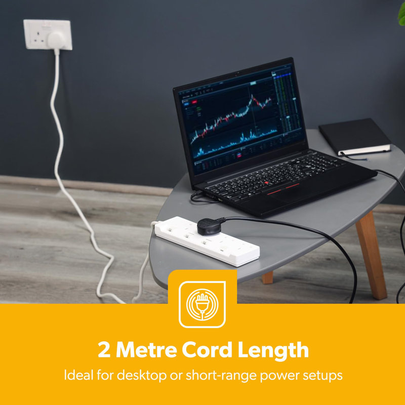 GEEPAS 4 Gang Extension Lead, 2M Cable | 4-Way Plug Extension Cable | Wall Mountable & Multi Socket Mains Strip With Individual Switches For Home Office | Heavy Duty UK Plug | White