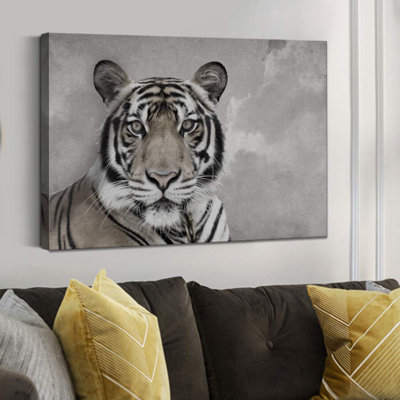 Portrait de tigre sur fond graphite, animaux sauvages - reproduction sur toile tendue