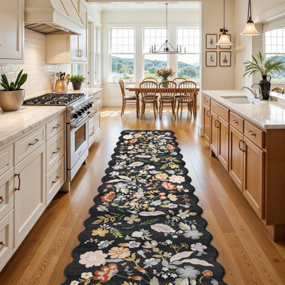 Hallway Rug Washable: Extra Long Floral Scalloped Carpet Non Slip Boho Rug for Indoor Entryway Stain Resistant Rug for Living Room