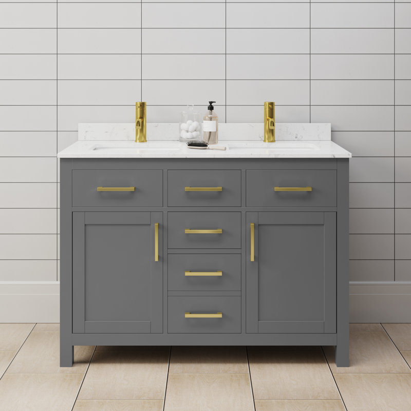 Beckett 48" Freestanding Double Bathroom Vanity with Cultured Marble Top, Brushed Gold, Carrara Cultured Marble, Dark Gray