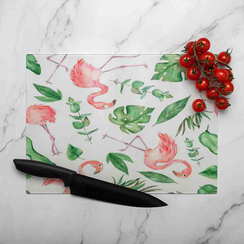 Flamingo  Leaves Glass Chopping Board, 28cm L x 20cm W