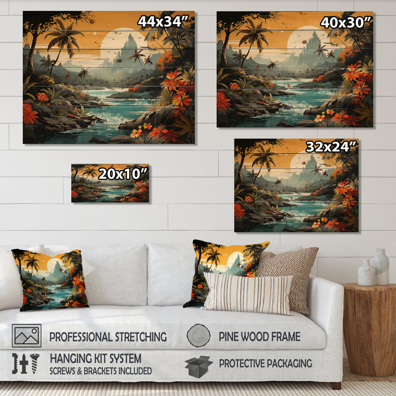 Vintage Tropical Coastline Paradise II - Tropical côtier sur bois, H 24 po x l 32 po