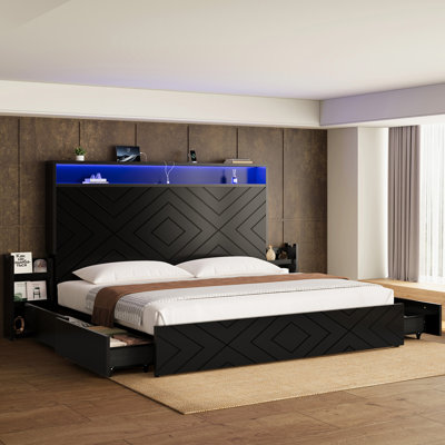 Upholstered Platform Bed With LED Lighting, USB Charging Ports & Side Drawers