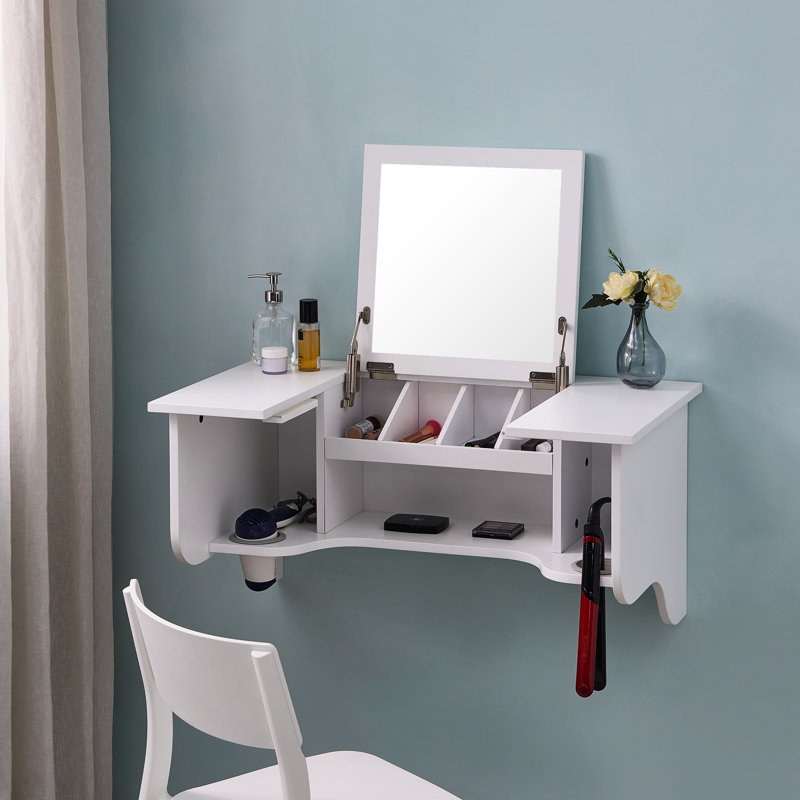 Rebord de meuble-lavabo compact avec miroir blanc - transitionnel idéal pour ranger vos accessoires de coiffure et vos outils de coiffage.