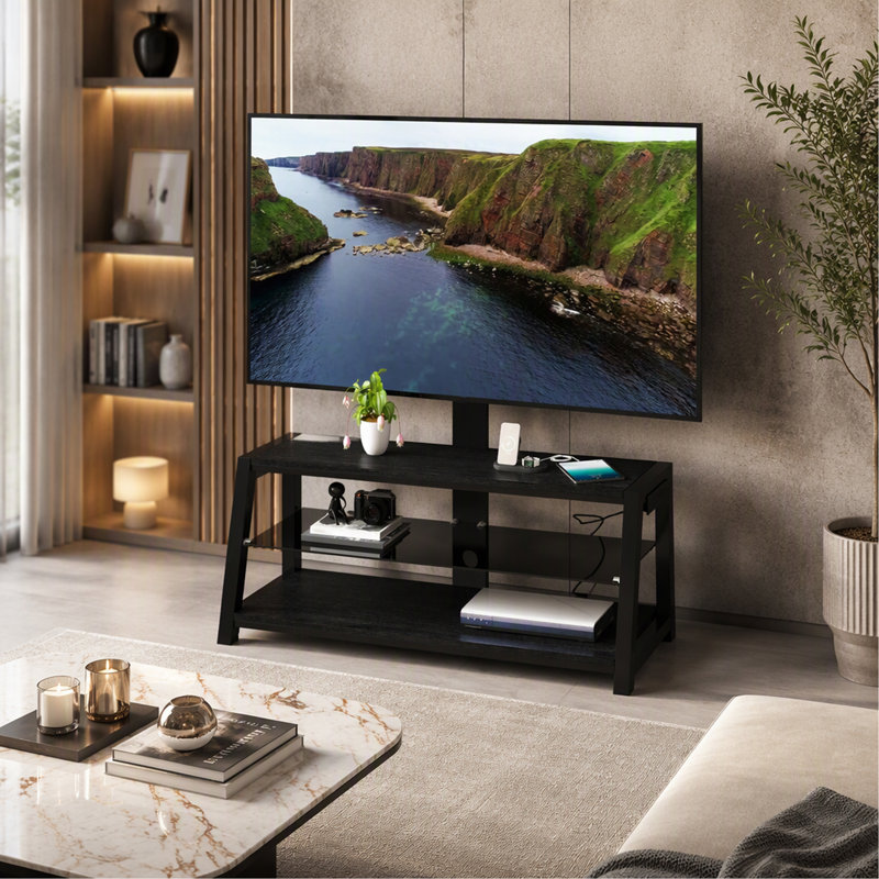 Meuble télé avec rangement en bois et plateau en verre trempé noir, Noir