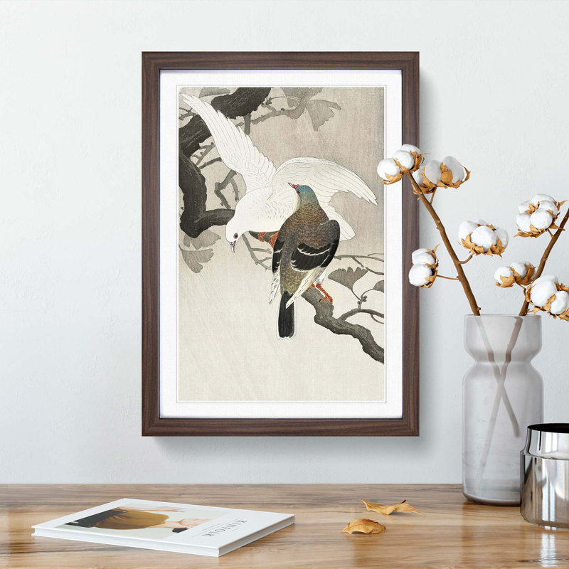 Two Pigeons on a Branch by Ohara Koson - Picture Frame Painting Print, Walnut Framed, 36cm H x 27cm W x 2cm D