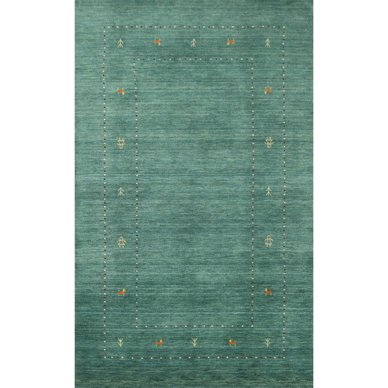 Handmade Green Wool Gabbeh Style Area Rug 5x8