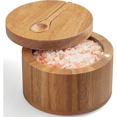 Salt Box Bowl with Lid and Spoon - Acacia Salt Cellar with 360° Swivel