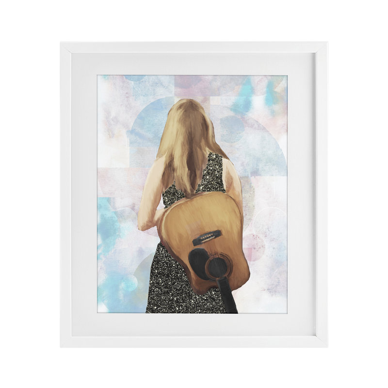 Rêvant avec ma guitare, reproduction sous verre, conception de Dan Meneely, H 16 po x l 13 po, Cadre blanc côtier