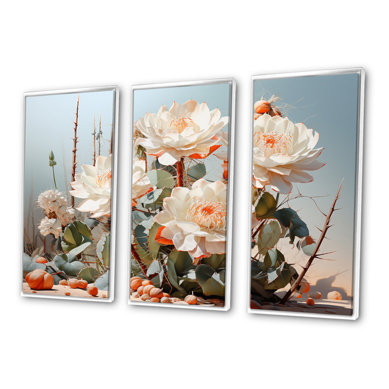 Cactus perle piquante - ensemble d'art mural floral cactus, Cadre flottant blanc, H 32 po x l 48 po x P 1 po