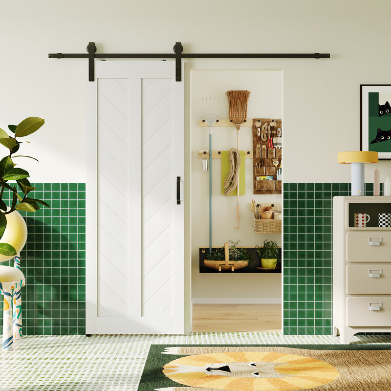 Porte de grange en bois en forme de V avec ensemble de quincaillerie, 42 po x 84 po, Blanc