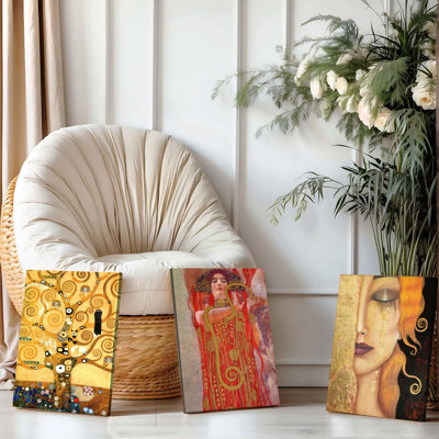 Ensemble de 3 affiches encadrées, inspirées de Gustav Klimt : « L’Arbre de Vie », « L’Étreinte » et « Larmes d’Or ». Décoration murale vintage pour salon, chambre et maison. Peintures décoratives modernes de qualité supérieure.