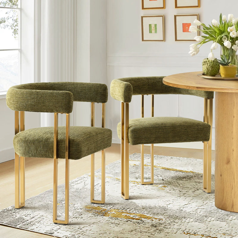 Rienna 18" Seat Height Chenille Upholstered Gold Kitchen Dining Armchair, Green