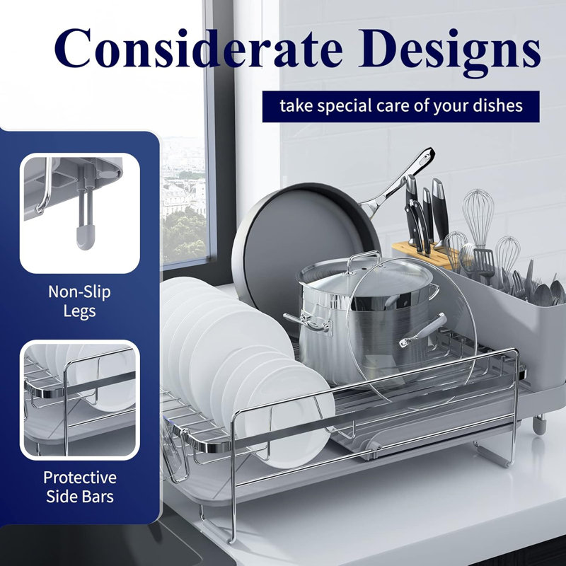 Silver Stainless Steel Expandable Dish Drying Rack with Utensil Cup