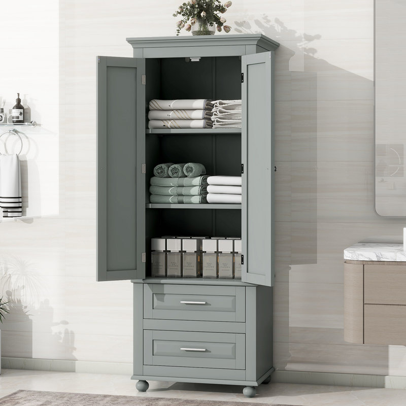 Tall Storage Cabinet With Two Drawers For Bathroom Office, Gray
