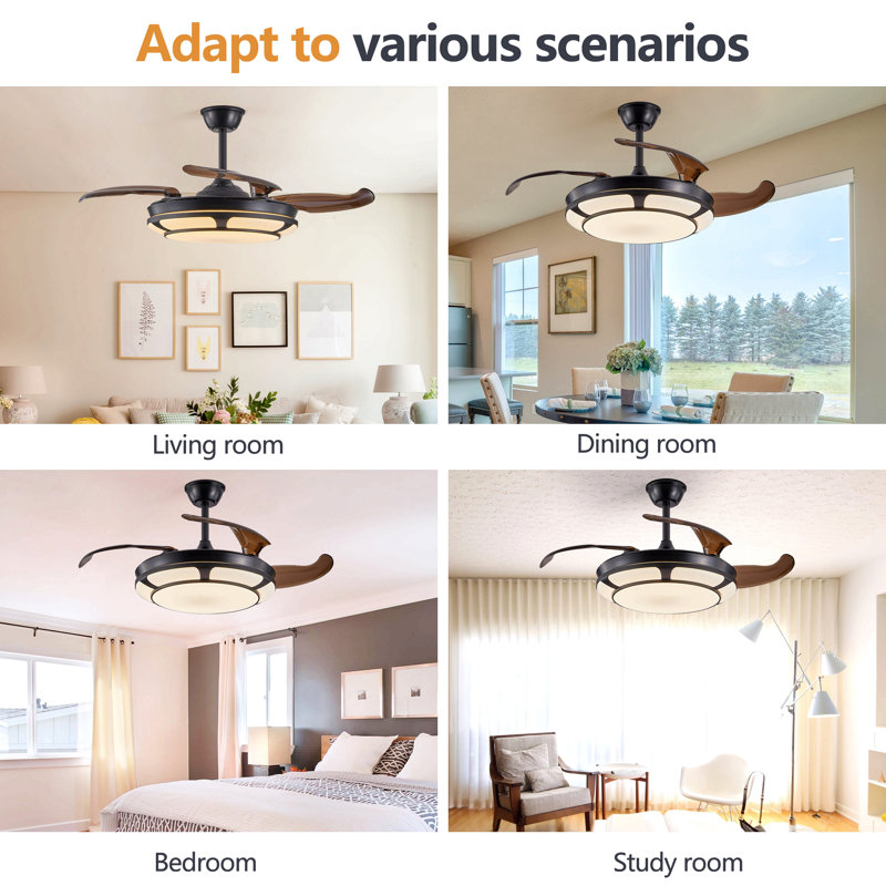 Retractable Ceiling Fan With Light, Modern Led Chandelier Fan With Remote Control, 6 Speed Adjustable Blades, Quiet Dc Motor, Dimmable Lighting For Living Room, Bedroom, Dining Room
