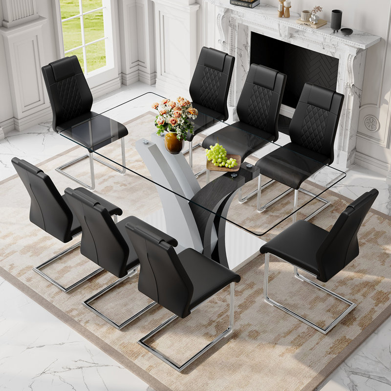 71" Dining Table Set with Glass Top, 9 Pieces: Table, 8 Chairs, Black