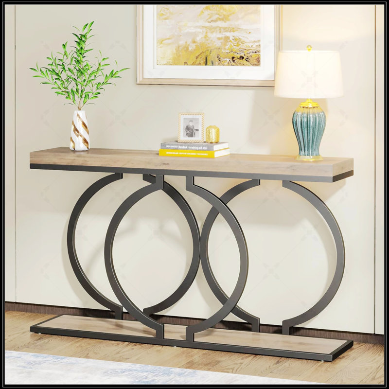 Console industrielle de 55 po - Canapé d'entrée long et étroit avec structure en métal géométrique et plateau en bois gris rétro