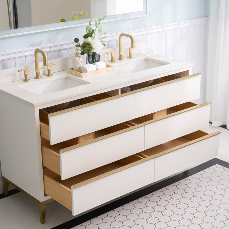 Meuble-lavabo en bois massif H 35 po x l 60 po avec comptoir en quartz blanc résistant aux taches et double lavabo, Blanc