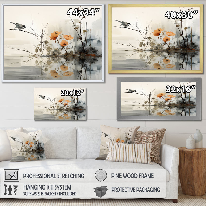 «Asian Art Sumi Bird Serenity XVIII», reproduction d'art sur toile, H 34 po x l 44 po x P 1,5 po, Cadre doré simple
