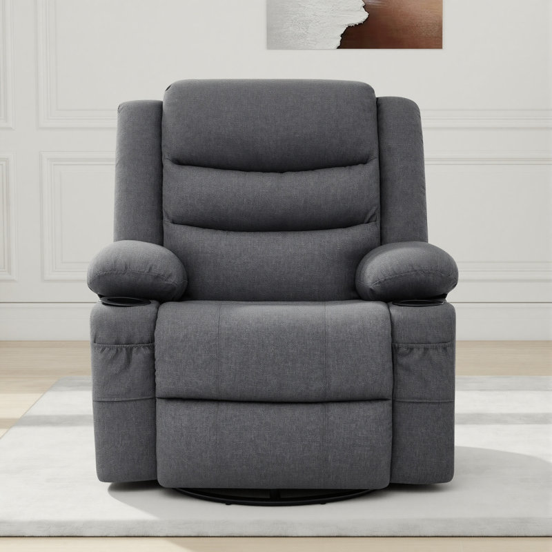 Extendable Armrest Swivel Glider Chair, 360° Rotation Rocking Chair With Cup Holders & Side Pockets, Dark Gray Polyester