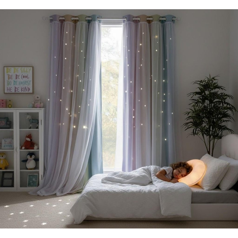  Star Colorful Blackout Curtains Bedroom Decor, Double-Layer Rainbow Stripe Window Curtain with Sheer for Kids Nursery (2 Panels, Tiebacks Included,Adult)