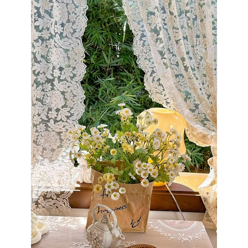 2 Panels French Curtains Lace Gauze for Living Room Cream Retro Wavy Edge Bedroom Bay Window Embroidery Curtain Door White Tulle Rod Pocket