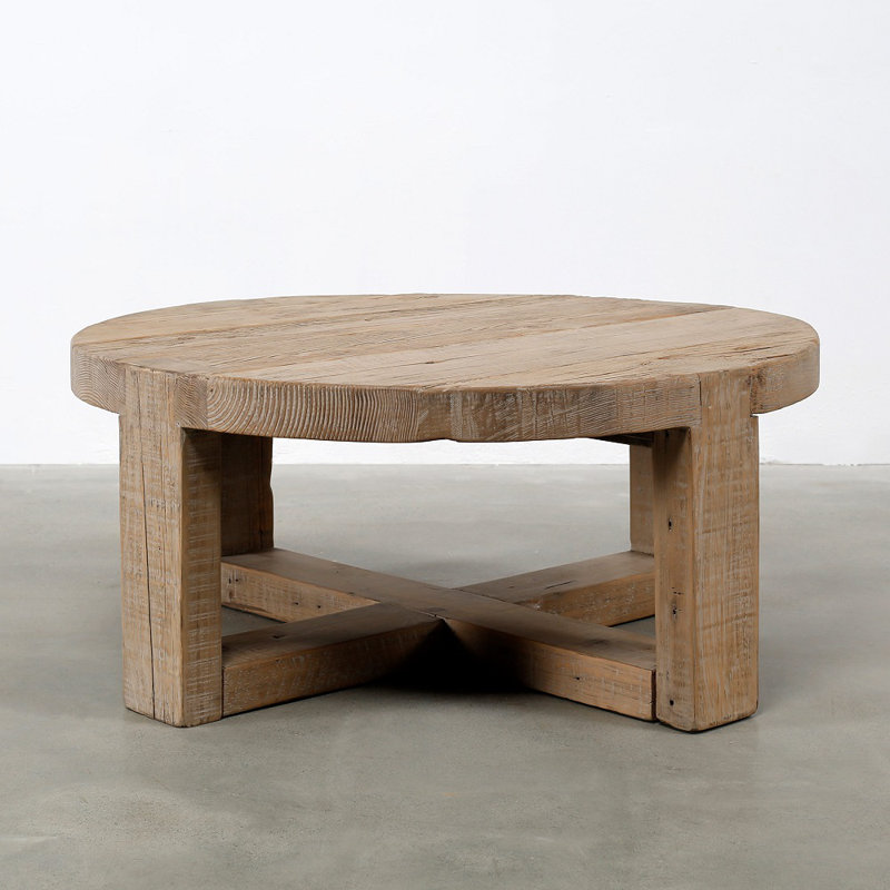 Round Weathered Wood Coffee Table with Cross Legs