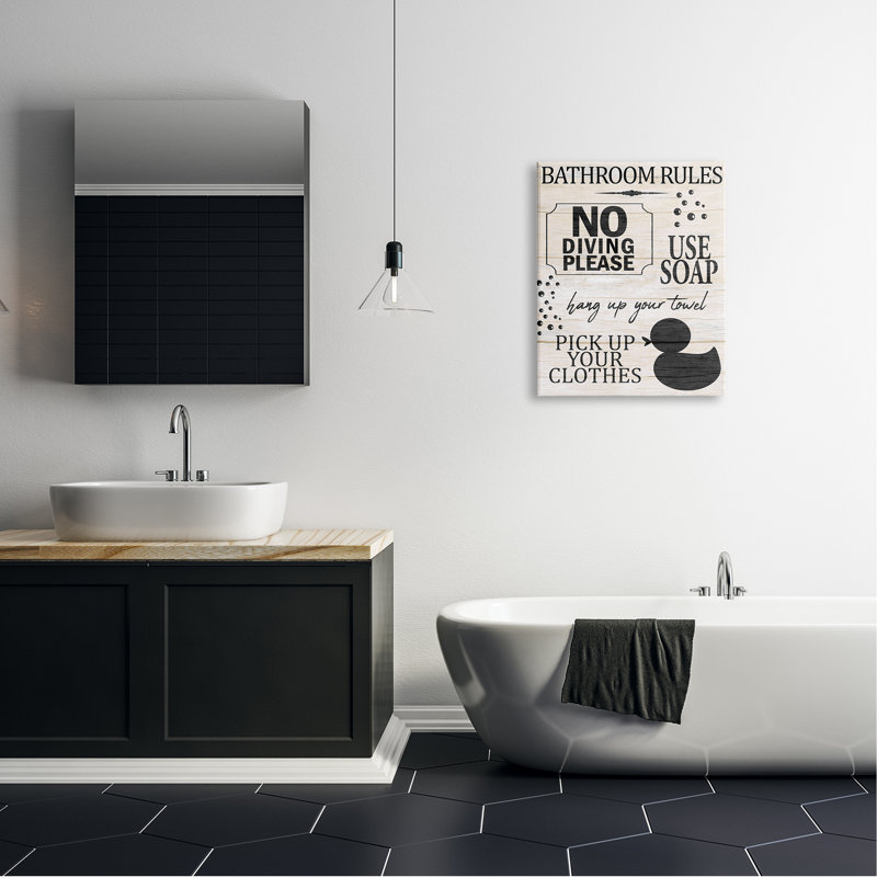 " Bathroom Rules Rustic Grain Pattern Design Sign " by Kim Allen, 24" W x 24" H, Farmhouse Gray Framed Giclee