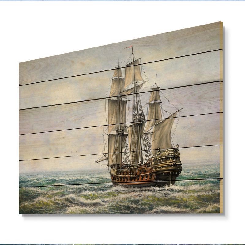 Old Naval Ship I - Peinture sur bois sans cadre, H 16 po x l 32 po x P 1 po