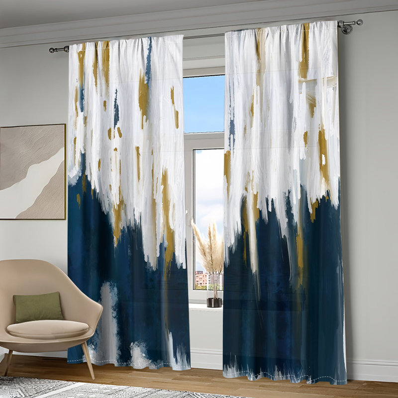 2Pcs Abstract Brush Stroke Curtains Navy Blue Gold White Rod Pocket Polyester Watercolor Digital Printed Window Panels Living Room Bedroom Study Dining Modern Elegant Home Decor