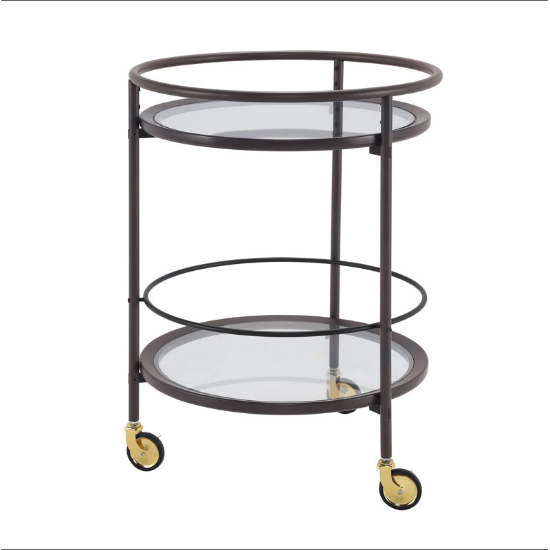 Modern Coffee Round Bar Cart with Tempered Glass Shelves and Gold Locking Casters